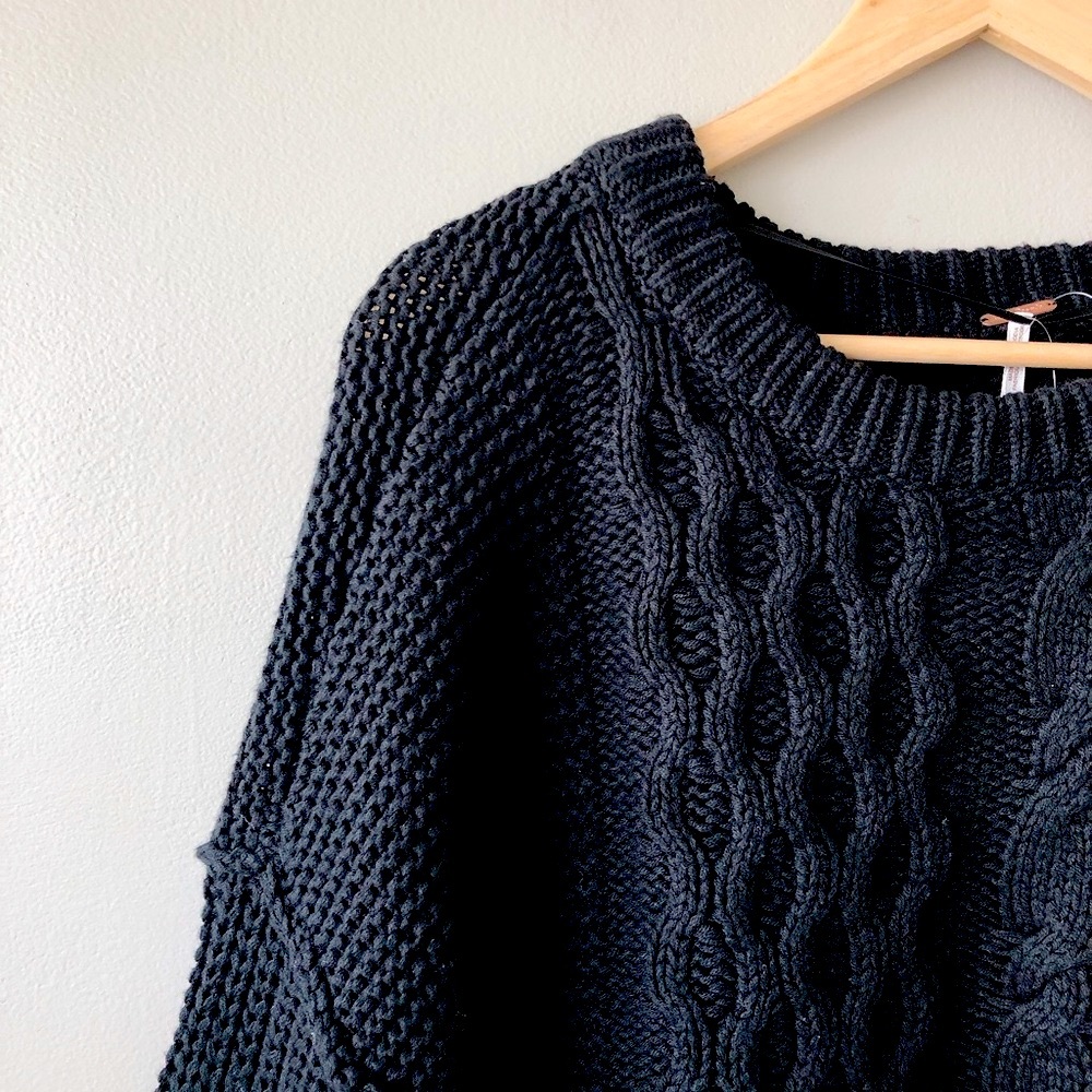 Free People sweater Women's Dream Cable Crew pullover sweater black cable knit - Picture 7 of 12